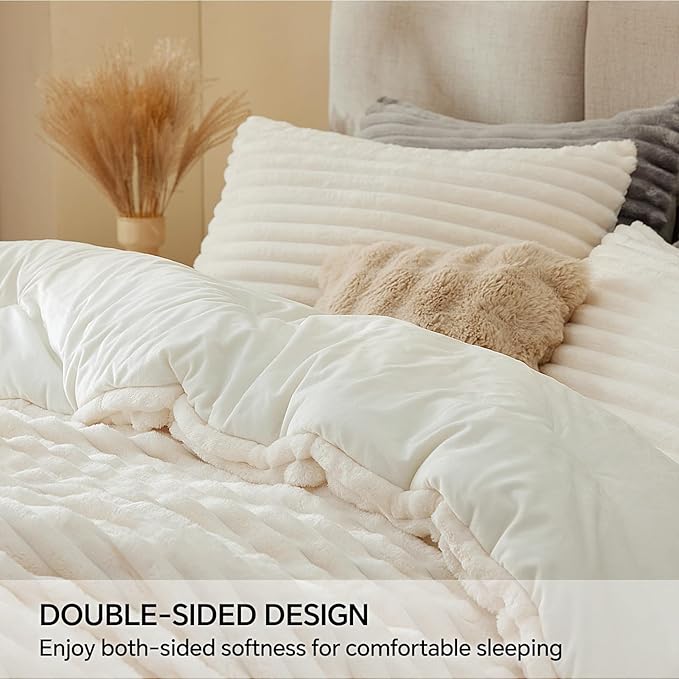 BEDELITE Fleece King Comforter Set -Super Soft & Warm Fluffy Cream White Bedding, Luxury Fuzzy Heavy Bed Set for Winter with 2 Pillow Cases