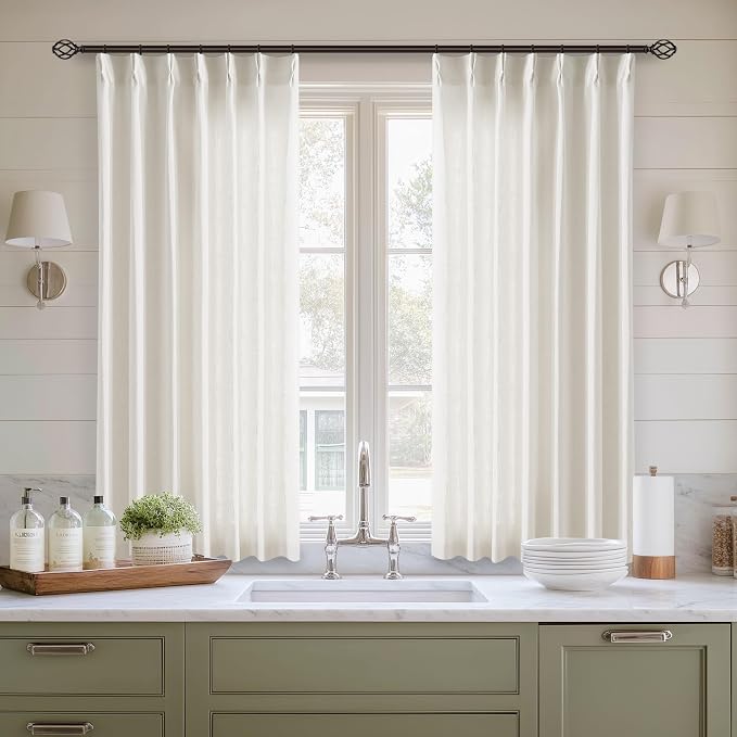 Natural Pinch Pleat Linen Kitchen Curtains 45 Inches Long 2 Panels Set | by Twodrapes