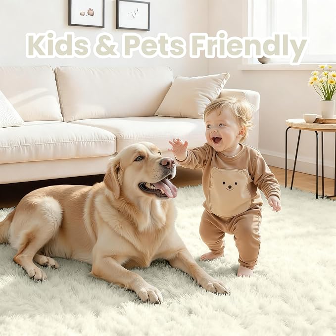 5x7 Fluffy Shag Area Rugs for Living Room Bedroom: Soft Carpet Cream White | - Image 3