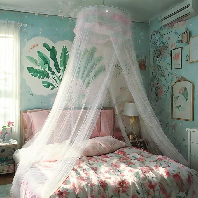 Eimilaly Lace Bed Canopy Mosquito Netting with Warm Lights, Princess Bed Canopy for Girls Room Decor, White/Single Door