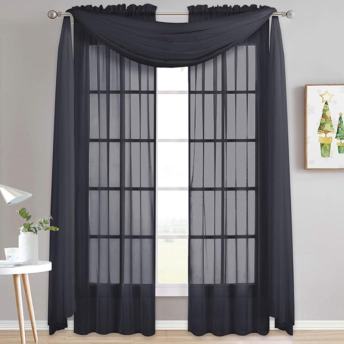 NICETOWN Extra Long Black Scarf - Voile Textured Sheer Drapery Dirt-Proof Window Treatment for Farmhouse/Garden/Old People (W60 x L216, 1 Panel, Black)