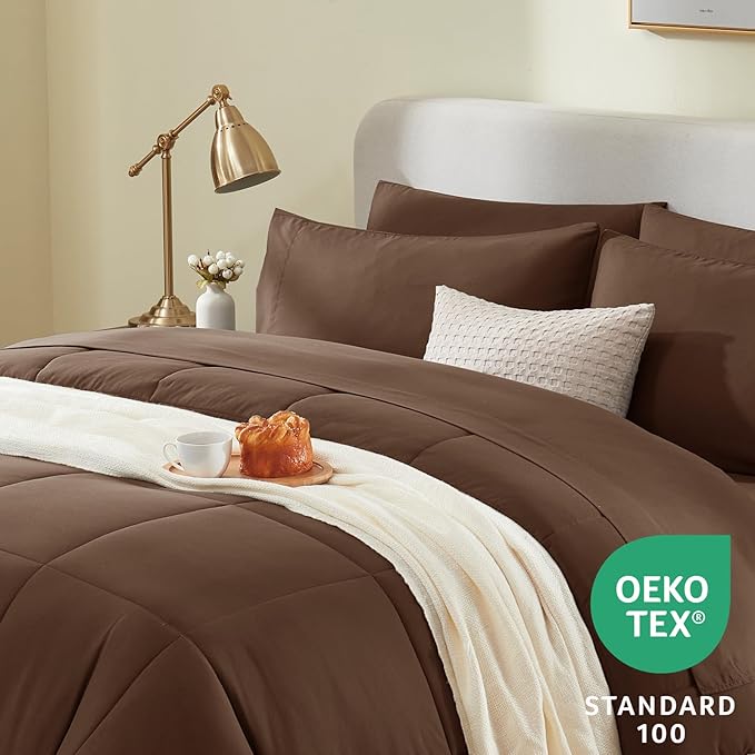 CozyLux Queen Comforter Set Brown, 7 Pieces Bed in a Bag, Brown Comforter Queen Size, All Season Bedding Sets with Stitch Quilted Comforter, Flat Sheet, Fitted Sheet, Pillowcases