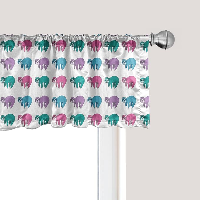 Ambesonne Funny Sloth Window Valance Pack of 2, Colorful Art Repeating Lazy Animal on Plain Backdrop, Rod Pocket Curtain Valances for Kitchen Bedroom, 54" X 18", Dark Seafoam Pink