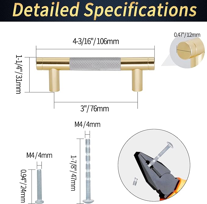 Knurled Cabinet Pulls 6 Pack, 4 Inch Long Cabinet Handles Metal Door Pulls, Kitchen Drawer Pull Knurled Dresser Handles - 3" Hole to Hole, Grey & Gold