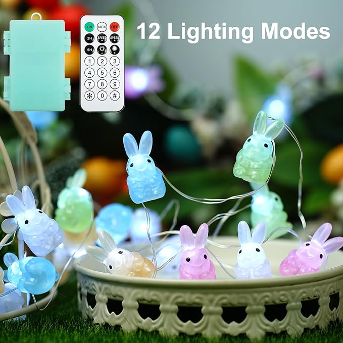 BOHON 3D Bunny Easter Lights String, 10 ft 30 LEDs Colorful Rabbit Battery Operated String Lights with Remote &Timer, Easter Decorations Indoor, Fairy Lights for Spring Window Decor