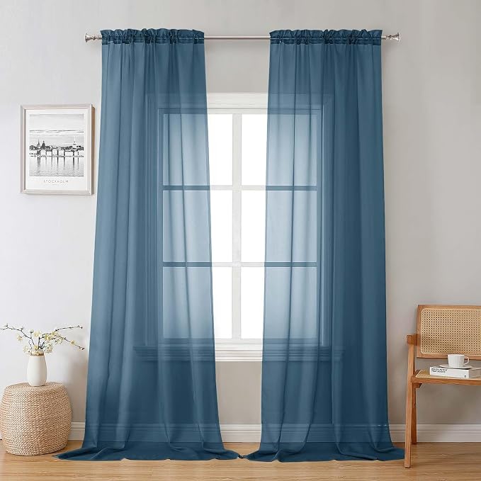 Dusty Blue Sheer Curtains 96 Inches Long 2 Panels, Light Filtering Breathable by Lecloud
