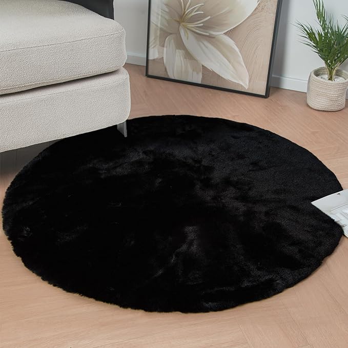 ORINOVA Black Round Plush Rugs for Bedroom Faux Bunny Fuzzy Washable Fur Area by ORINOVA