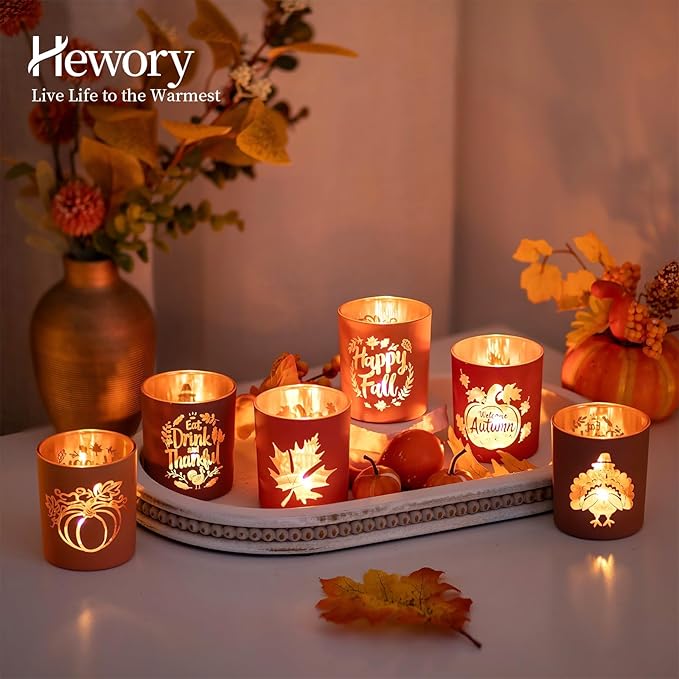 Hewory Thanksgiving Votive Candle Holders: Fall Glass Tea Light Candle Holder Set of 12, Thanksgiving Table Decorations Centerpieces for Dinner Table Fireplace Mantle Fall Decorations for Home Party