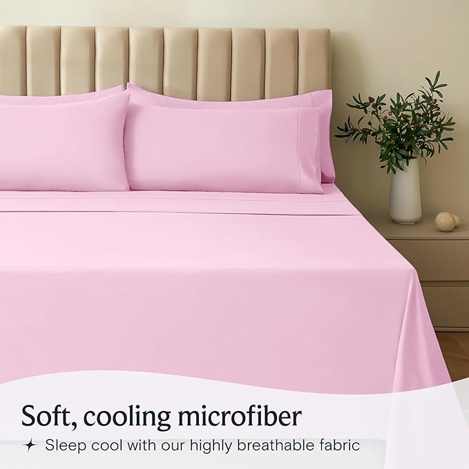 LuxClub 4 PC Sheet Set Bed Sheets Deep Pockets 16" Eco Friendly Wrinkle Free Cooling Machine Washable Hotel Bedding Silky Soft - Powder Pink Queen