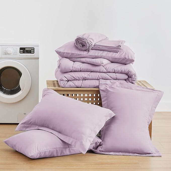 Love's cabin California King Comforter Set Light Purple, 7 Pieces California King Bed in a Bag, All Season Bedding Sets with 1 Comforter, 1 Flat Sheet, 1 Fitted Sheet, 2 Pillowcase and 2 Pillow Sham