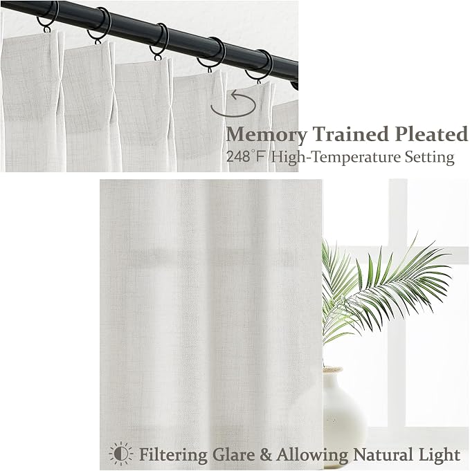 PleatedDrapes Linen Curtains 90 Inches Long 2 Panels Set, Light Filtering - Image 3