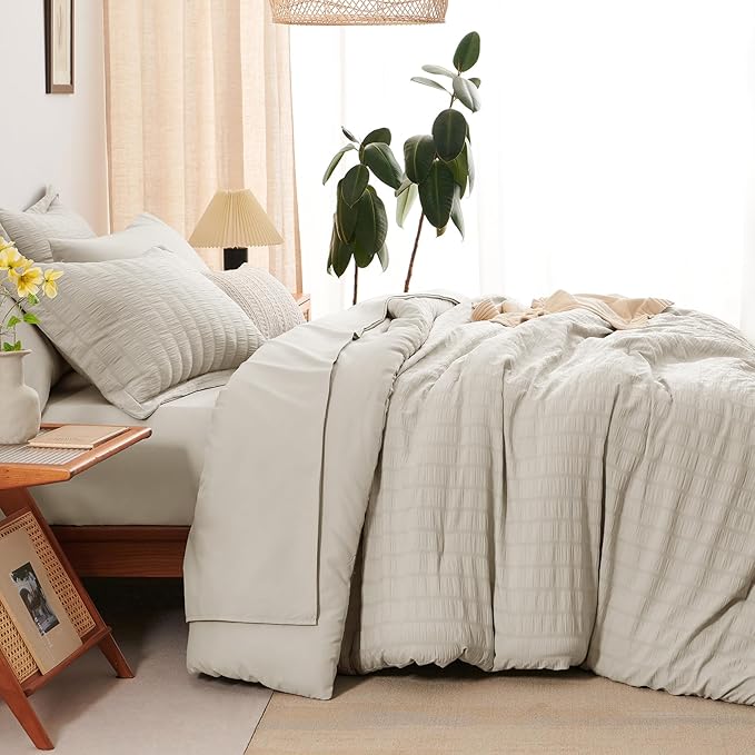 CozyLux Oversized King Comforter Set Beige Seersucker 7 Pieces 120x98 Bed in a Bag Comforter Set with Sheets, Luxury Soft Bedding Sets with Down Alternative Comforter, Sheets, Pillowcases & Shams