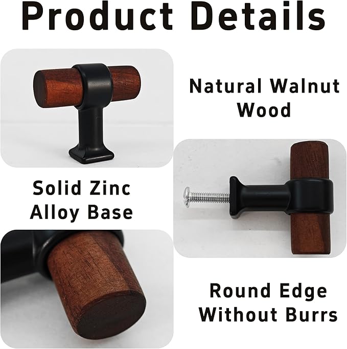 4Pcs 1.57” Walnut Wood Drawer Pulls, Single Hole Kitchen Cabinet Hardware Handles, Metal and Wooden Cabinet Knobs, T Bar Knob Pull Handles for Wardrobe, Dresser, Cupboard