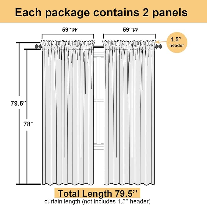 White Sheer Curtains 78 Inches Long 2 Pcs, Elegant Window Treatments Light - Image 2