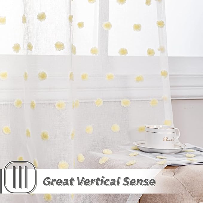 MYSKY HOME Yellow Pom Pom Curtains - 108 Inch Long Large Sheer Mustard Curtains for Living Room - Sliding Door Light Filtering Rod Pocket Window Panels - 52 x 108 inch - 2 Pieces