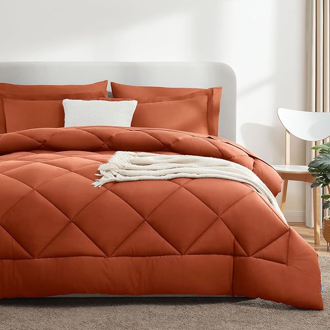 CozyLux Full Size Comforter Sets Burnt Orange - 7 Pieces Bed in a Bag Full, Luxury Soft Bed Set for All Seasons, Bedding Set with Down Alternative Comforter, Sheets, Pillowcases & Shams, Terracotta
