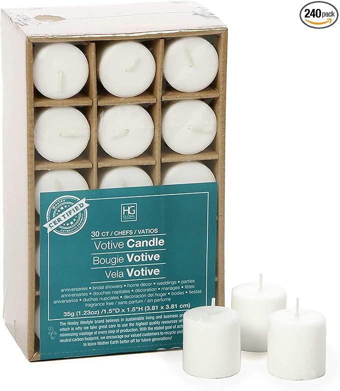 Hosley Set of 240 Unscented White Votive Candles – Bulk Pack, Clean-Burning, Long-Lasting 10-12 Hour Burn Time – Ideal for Weddings, Home Décor, Spa, and Events