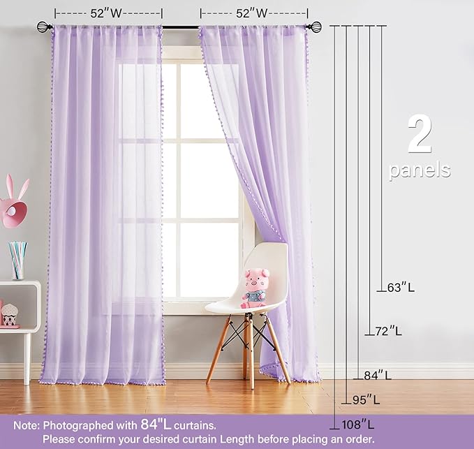 Treatmentex Pom-Pom Sheer Curtains for Girl's Bedroom 84 inches Long Voile Curtain Panels Rod Pocket Lilac 52" w x 2pc
