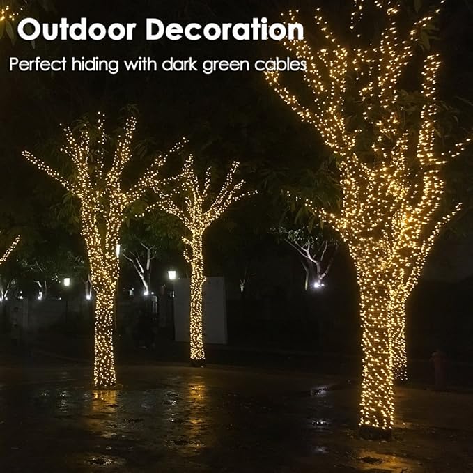 RPGT Christmas Tree Light 200 LEDs 73ft Green Cable Wire Fairy String Twinkle Lights Plug in 12 Modes for Xmas Party, Indoor, Outdoor, Garden, Wedding, Home Decoration (Warm White)
