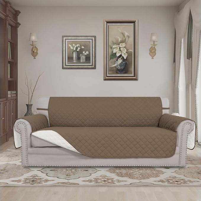 Easy-Going Reversible Couch Cover, 3 Cushion Sofa, Camel/Ivory | Machine - Image 2