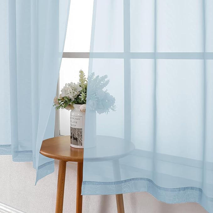 Solid Voile Sky Blue Sheer Curtains 63 Inch Length 2 Panels, Dual Rod Pockets - Image 3