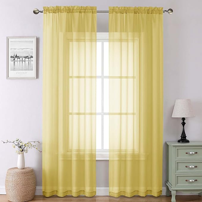 Yellow Sheer Curtains 90 Inches Long 2 Panels, Gauzy Light Filtering Breathable by Lecloud