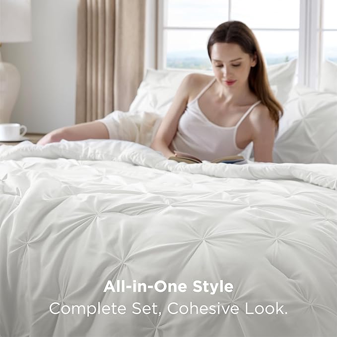 Bedsure California King Comforter Set White - Bed in a Bag Cal King Bedding Set 7 Pieces, GentleSoft™ Pintuck Bed Set Gift for Family, Pinch Pleat White Comforter with Sheets, Pillowcases & Shams