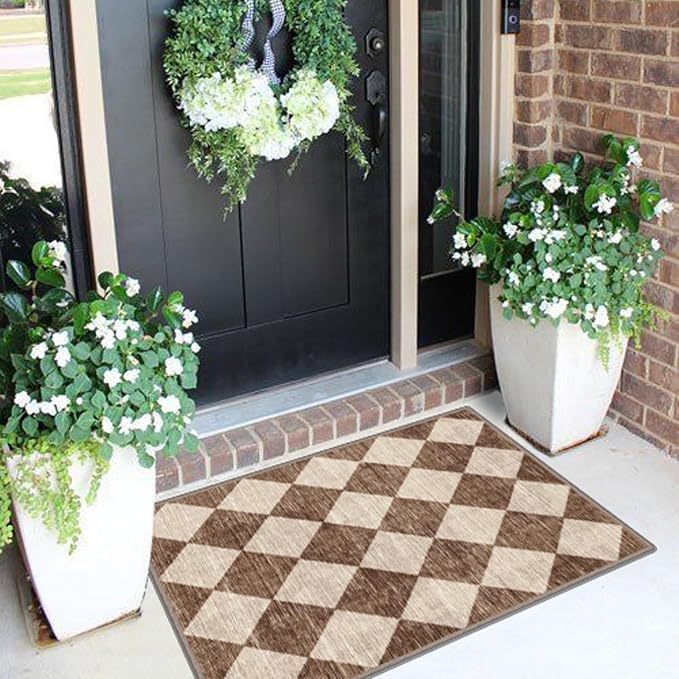 Front Door Rug - 2x3 Brown Beige Checkered Diamond Entry Rug | Non-Slip - Image 4