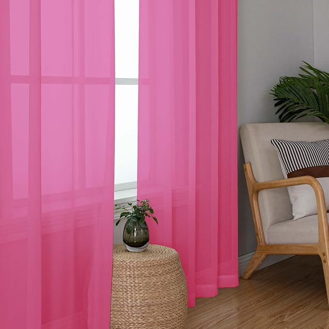 Short Hot Pink Sheer Curtains 30 Inch Length 2 Panels Set, Kitchen Curtains - Image 3