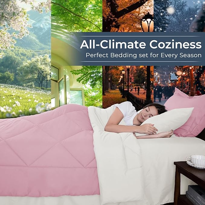 HEVUMYI King Comforter Set - 7-Piece All Season Bed in a Bag King, Ultra Soft Bedding Set with Comforter, Flat Sheet, Fitted Sheet, Pillowcases, Pillow Shams, Pink & Ivory