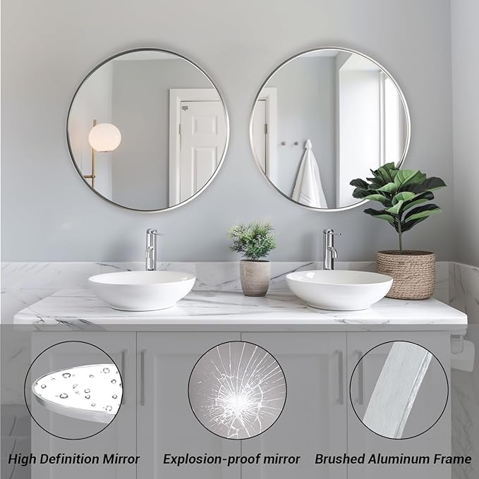 Silver Round Mirror 30 inch, Round Bathroom Mirror, Silver Circle Mirrors with Aluminum Frame, Circle Wall Mirrors for Bathroom, Living Room, Hallway, Bedroom.