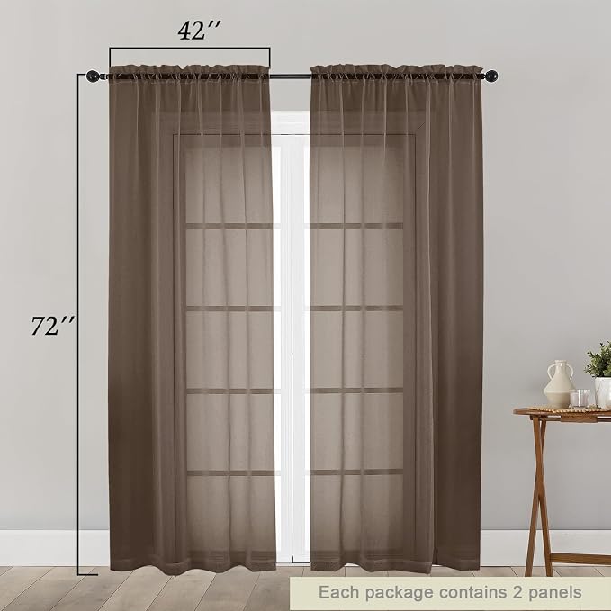 Chocolate Sheer Curtain for Bedroom Living Room 72 Inches Long 2 Panels Set - Image 2