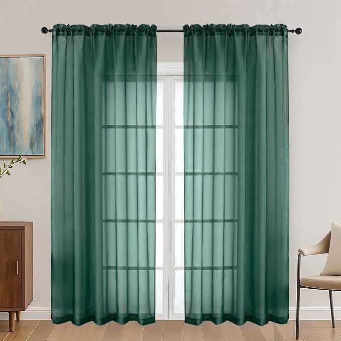 Hunter Green Sheer Curtains 72 Inches Long 2 Panels Set, Light Filtering Sheer by OVZME