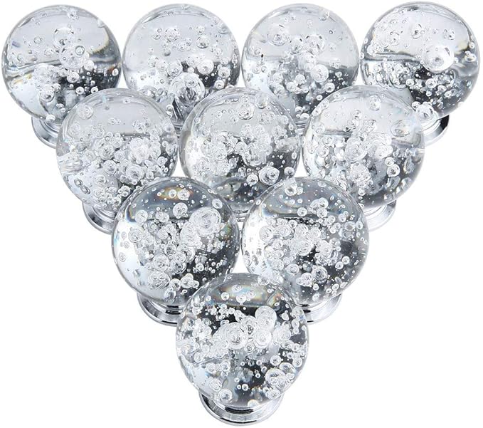 10 PCS Crystal Cabinet Knobs Round Glass Bubbles Knobs Smooth Drawer Pulls Handle for Home, Cabinet, Drawer and Dresser with 3 Different Size Screws, 30MM (Transparent)