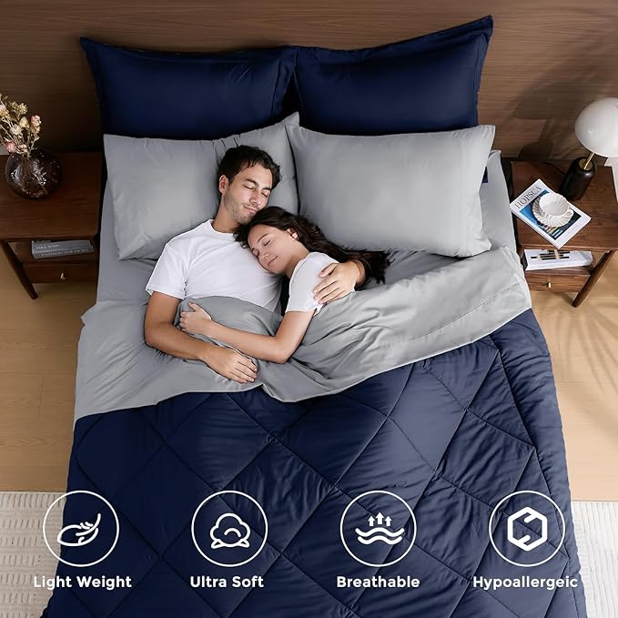 HEVUMYI Navy Blue & Grey California King Comforter Set - 7-Piece All Season Bed in a Bag Cal King, Ultra Soft Bedding Set with Comforter, Flat Sheet, Fitted Sheet, Pillowcases, Pillow Shams