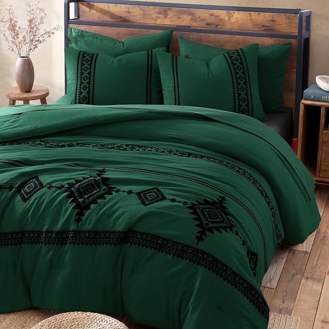 MaiRêve Embroidery Full Size Comforter Set Emerald Green, Farmhouse Western Boho Bedding Set 7 Pieces, All Season Bed in A Bag Comforter Set with Sheets, Pillowcases & Shams