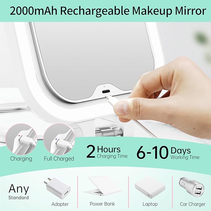 FASCINATE 20X Magnification Rechargeable Travel Makeup Mirror, 7" Lighted Portable Vanity Mirror with 3 Colors Lighting & Stepless Dimming, Double Sided LED Mirror, Gift for Women (White)