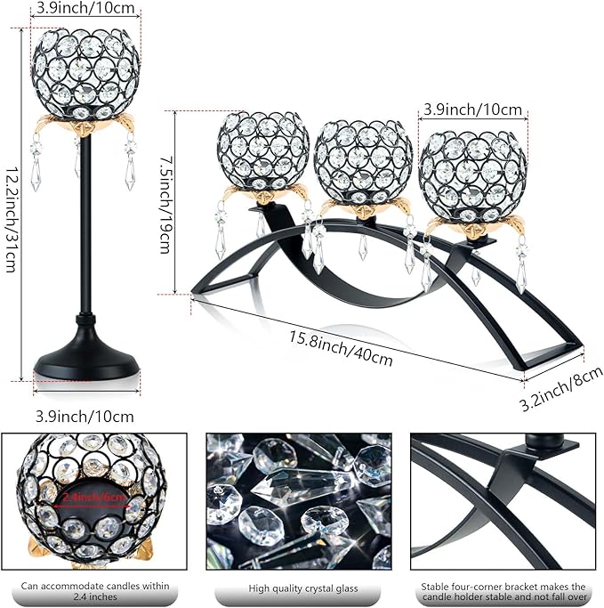 Set of 3 Gold Crystal Tea Light Candlestick Holders Flower Shape with Crystal Pendant Bowl Votive Metal Candle Holder for Table Centerpieces Wedding Home Decor (Set of 3, Black+Gold)