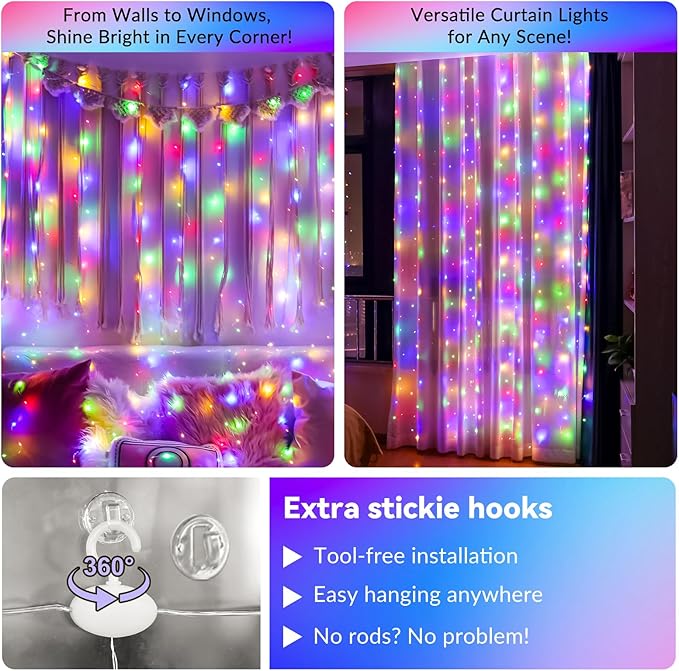 HXWEIYE 300LED Fairy Curtain Lights, 9.8x9.8Ft USB Plug-in 8 Modes Christmas String Hanging Lights with Remote for Bedroom Backdrop Wedding Party Indoor Wall Decor, Multicolor, Standard