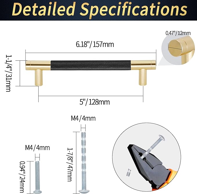 Knurled Cabinet Pulls 2 Pack, 6 Inch Long Cabinet Handles Metal Door Pulls, Kitchen Drawer Pull Knurled Dresser Handles - 5" Hole to Hole, Black & Gold