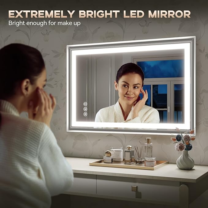 LED Bathroom Mirror, 28“x36“ Lighted Bathroom Mirror with Metal Framed, Extremely Bright LED Mirror for Bathroom, 3 Colors Dimmable, Anti-Fog, Memory, Wall Mounted Lighted Vanity Mirror