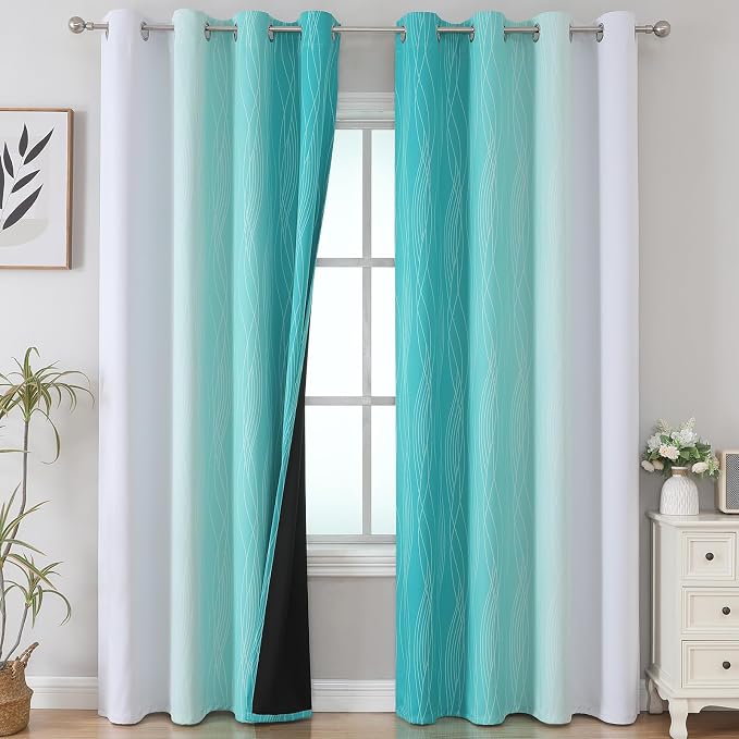 Teal and Grayish White Ombre Blackout Curtains Living Room 108 Inches Long | - Image 2