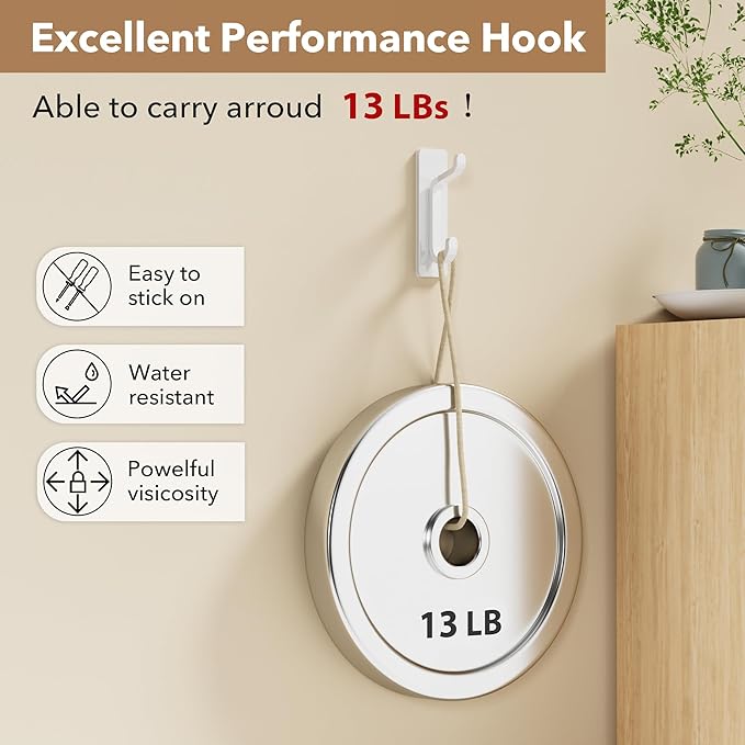 pickpiff Wall Hooks for Coat and Towel: 13LB Adhesive Door Hanger Stick on, White 4 Pack