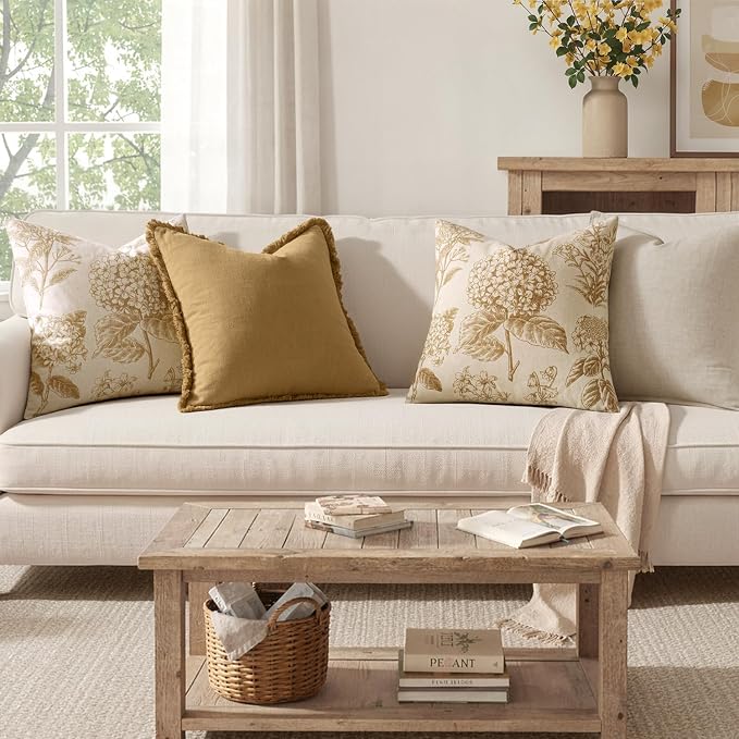 Set of 2 Decorative Floral Pillow Covers 22x22 Inch Light Yellow | Neutral - Image 4