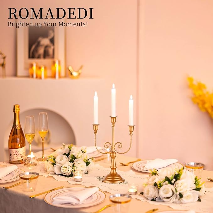 Romadedi Candelabra Gold Candle Holders - 3 Arm 11.8" Wedding Candlestick Holder for Theme Party Table Centerpiece Decor Dining Room Birthday Holiday Christmas, Set of 6