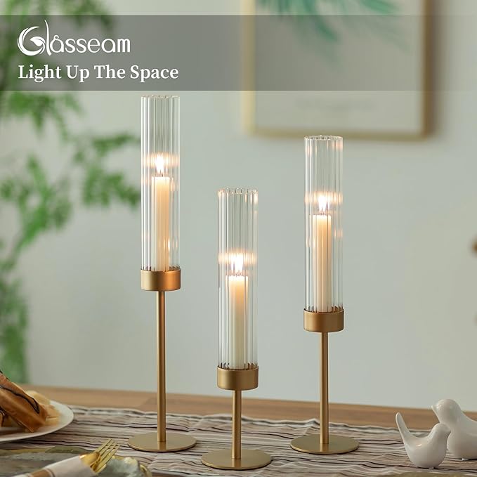 Gold Hurricane Taper Candle Holders: Glasseam 3Pcs Brass Candlestick Holders with Ribbed Glass Cylinder Cover Fluted Tall Candle Sticks Holder Decor for Table Centerpiece Wedding Christmas Decorations