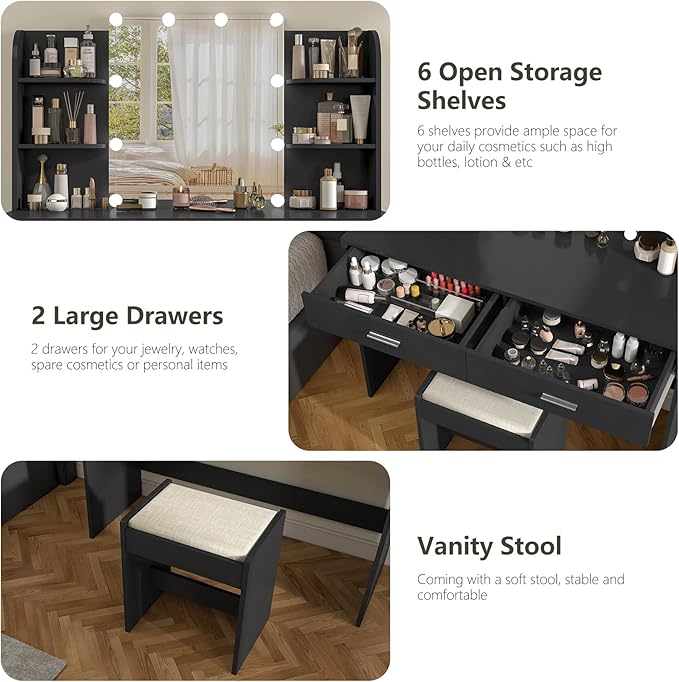 usikey Vanity Desk with Mirror and Lights, Vanity Makeup Table Set with 2 Drawers & 6 Open Shelves, Makeup Vanity Desk Dressing Table with Cushioned Stool, Black