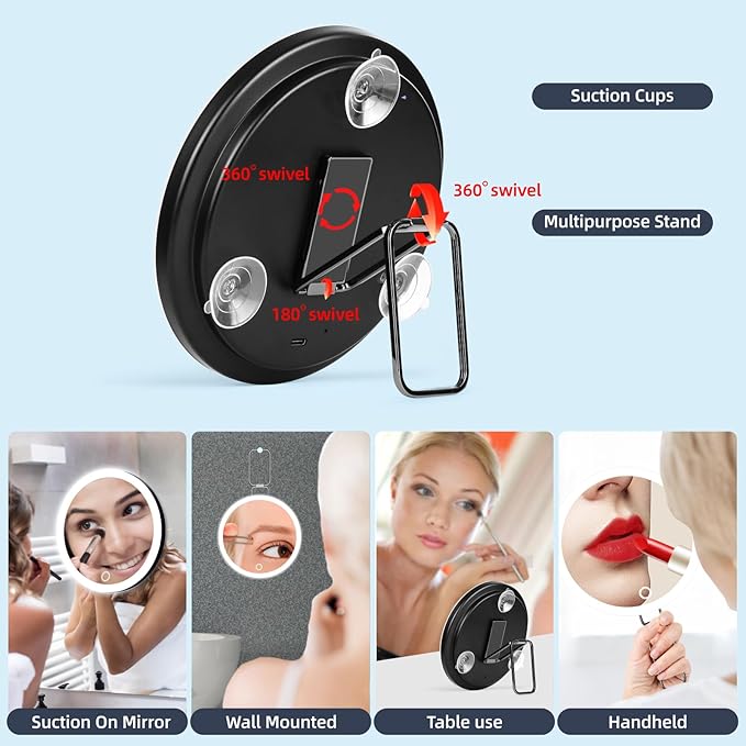 Rechargeable 6" Lighted 10x Magnifying Mirror with Suction Cups & Table Stand