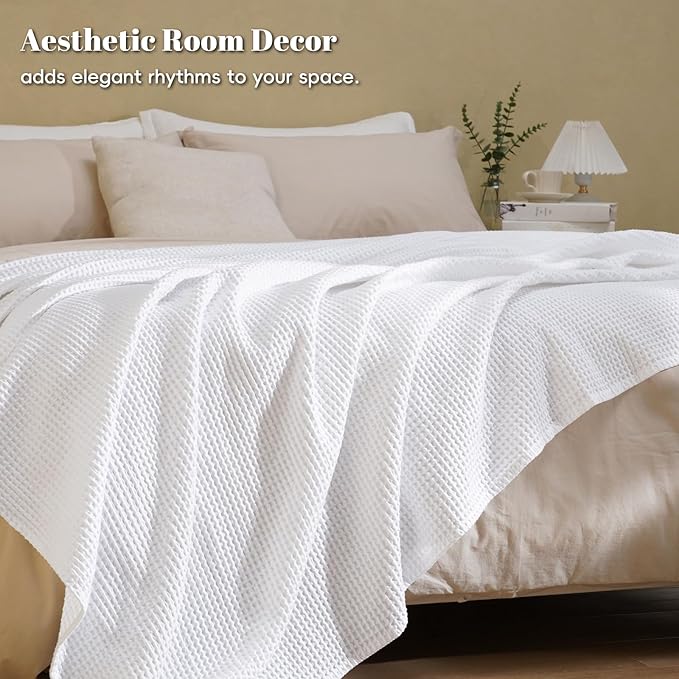 PHF 100% Cotton Waffle Weave Blanket Twin Size for Bed,Snag Proof Lightweight Breathable Moisture-Wicking Throw for Couch,Great for Layering in Cold Weather,Machine Washable,Home Decor Gift-White