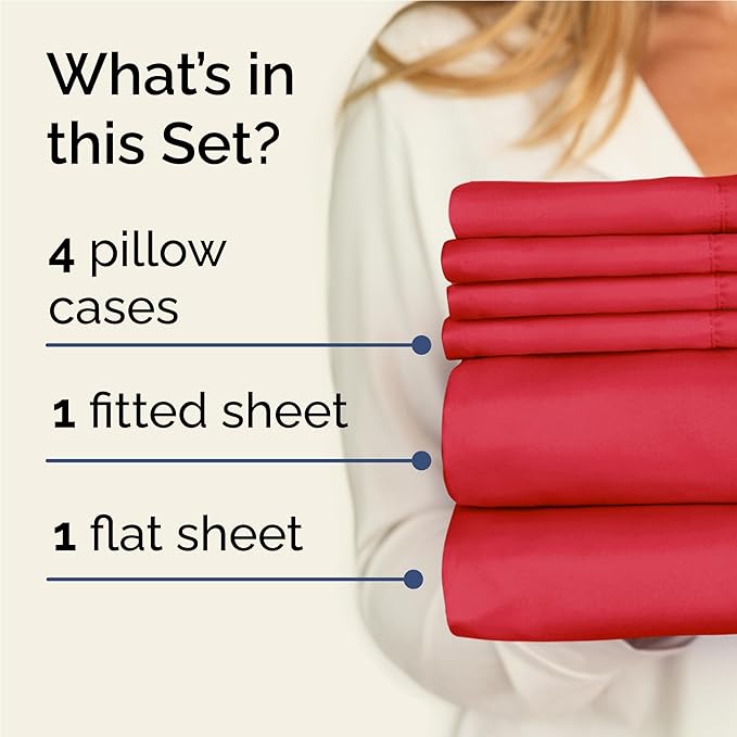 Full 6 Piece Sheet Set - Comfy Breathable & Cooling - Ultra Soft Hotel Luxury Bedding Set with 8-16 Inch Deep Pockets - 1 Flat & 1 Fitted Sheet & 4 Pillowcases - Cozy, Wrinkle Free & Easy Care - Red